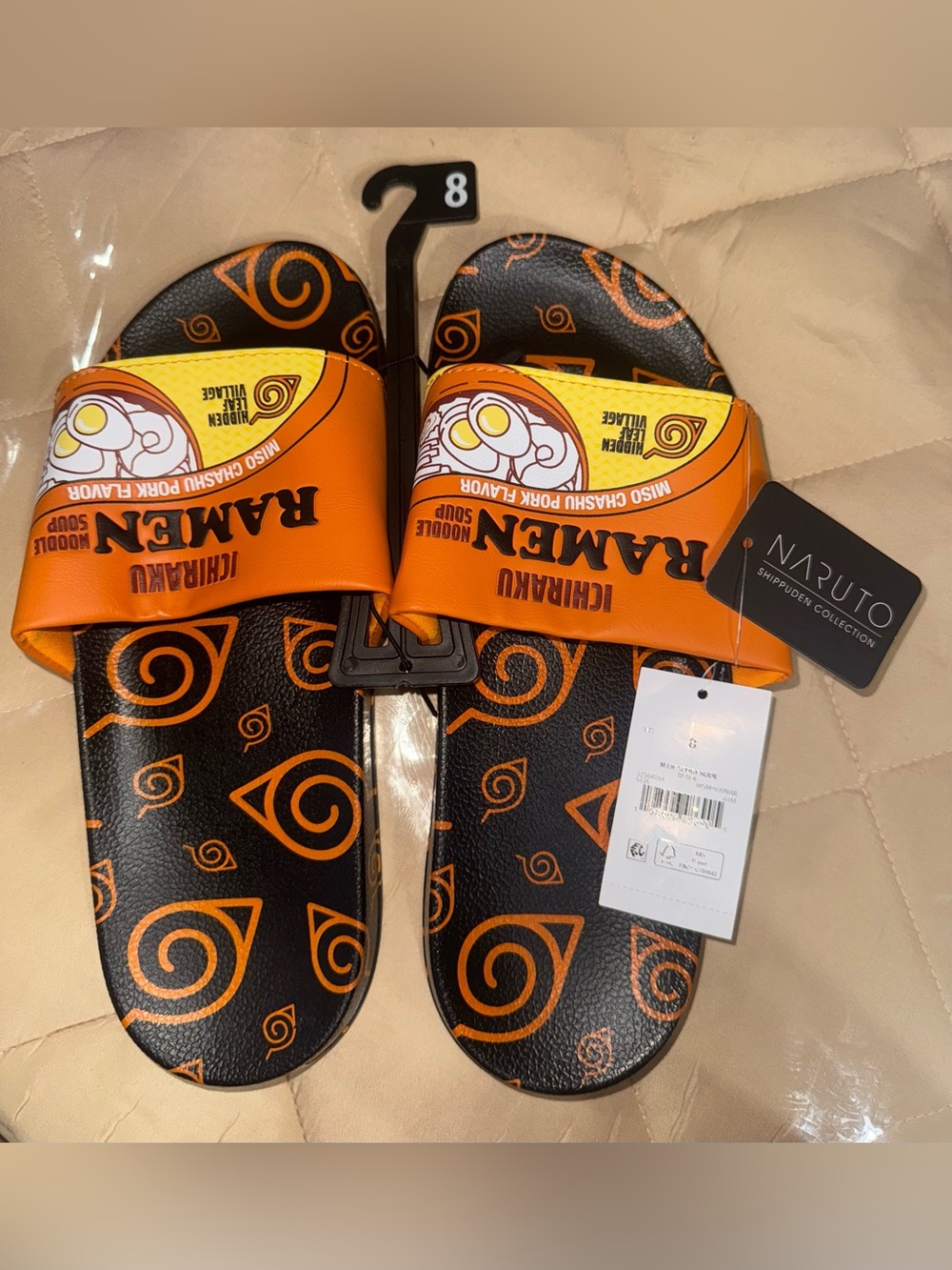 Naruto Shippuden Ichiraku Ramen Mens Slide Sandals Size 8 Black Orange NWT